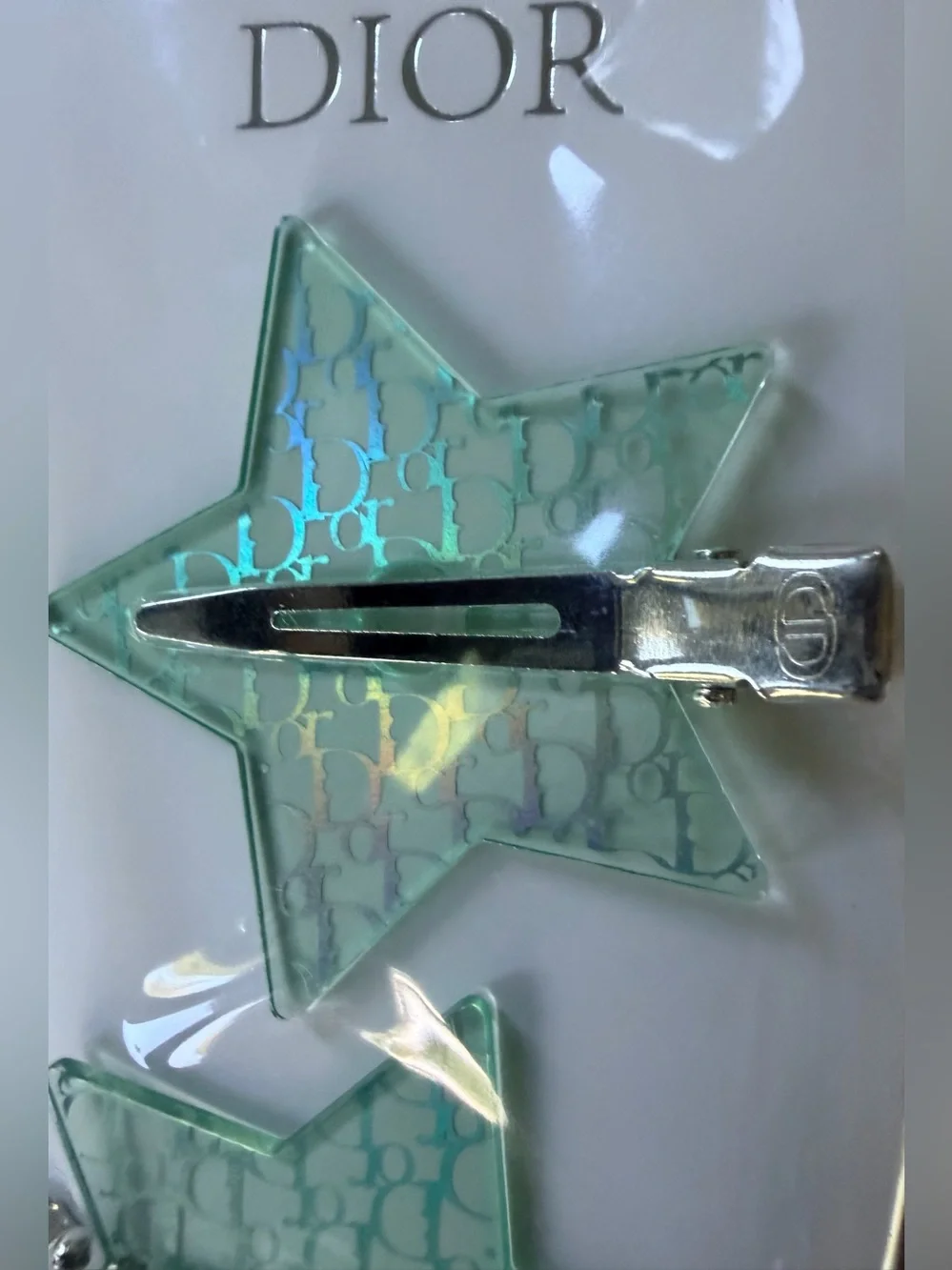 Dior Iridescent Green Branded Star Set of 2 Alligator Style Barrettes NEW SEALED